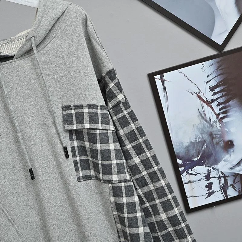 American retro Hot Girl Large Loose Hoodie Spring and Autumn Y2K Harajuku Splicing Grid Fashion Women's Tops Millennium Style