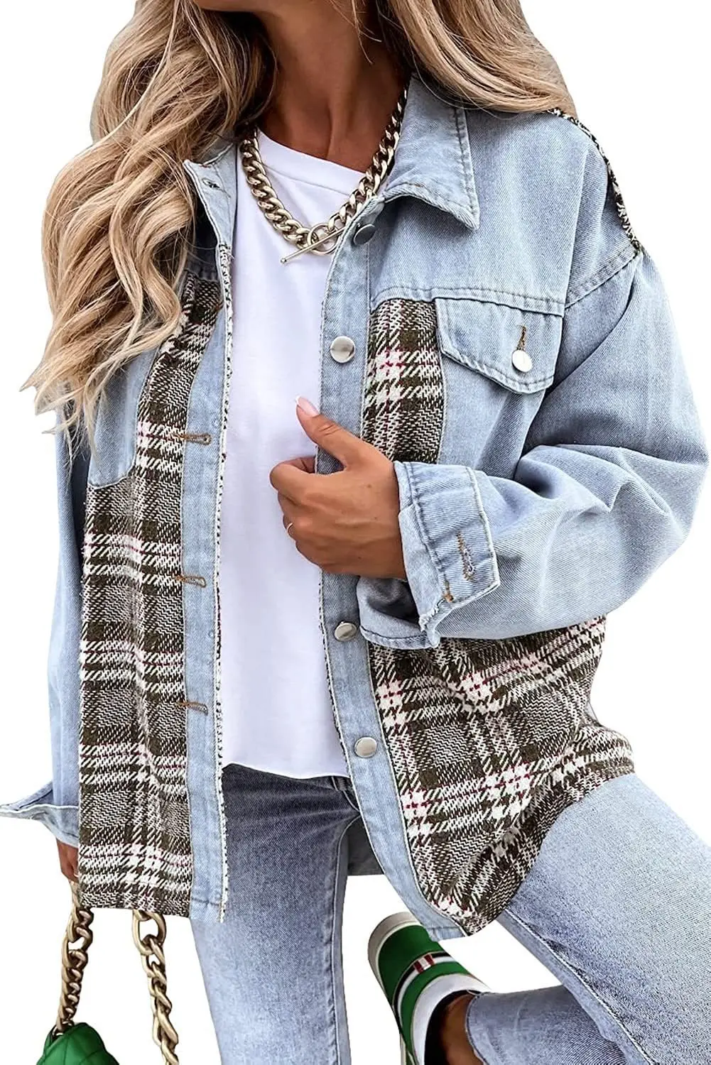 Autumn and Winter Long Sleeved Plaid Color Block Shaking Button Shirt Collar Denim Jacket for Women