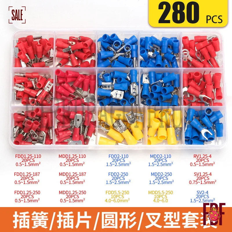 

Набор изолированных клемм-коннекторов 280 шт.: наконечники-лопатки, кольцевые и вилочные клеммы для электромонтажных работ