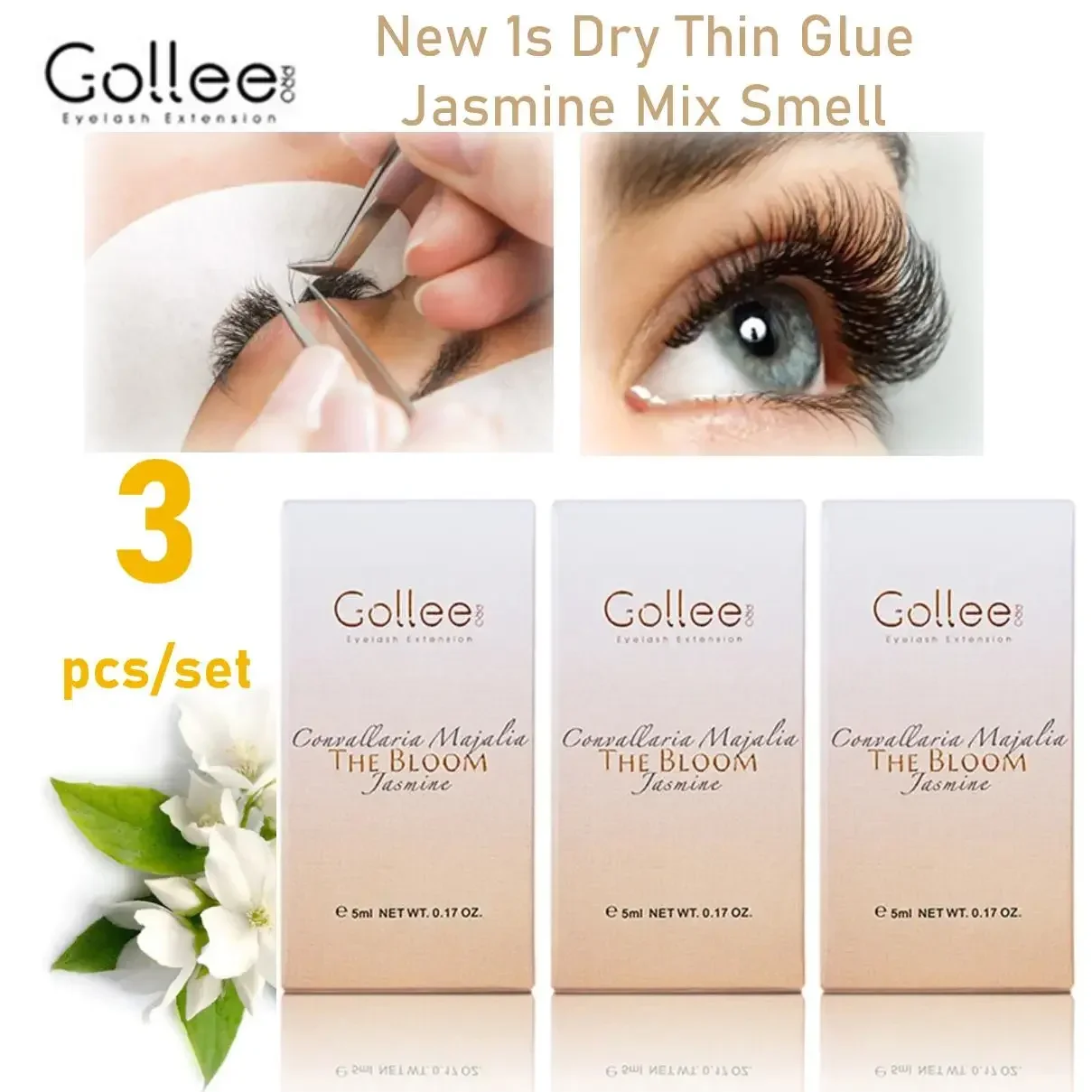 Gollee 3pcs Jasmine Scent 5ml Glue Lash Extension 1s Dry Eyelash Glue Semi Permanent Waterproof Glue Bonder Pro Eyelash Supplies