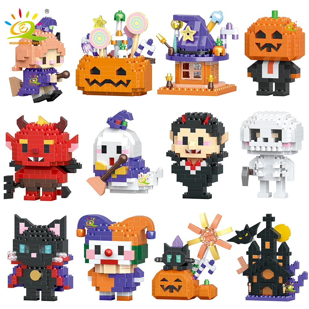 HUIQIBAO 2026 Halloween Mini Pumpkin Black Cat Building Blocks Witch Set Birthday Decoration Holiday Present Toys for Adult Gift