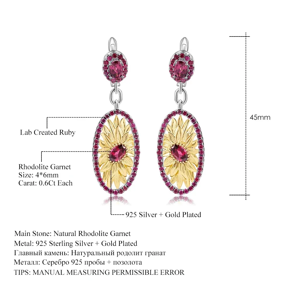 

GEM'S BALLET 925 Sterling Silver Original Handmade Earrings 2.40Ct Natural Rhodolite Garnet Sunflower Drop Earrings for Women