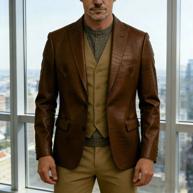 

Vintage Men's Crocodile Embossed Leather Blazer Notch Lapel 1 Button Jacket Business Casual Formal Luxury Coat With Flap Pockets