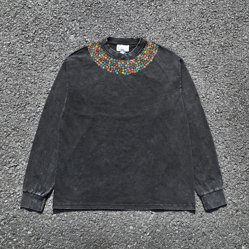 Heavily Weathered Long Sleeve T-Shirt with Embroidered Flowers Men's Women's High-End Feel Studio Wang Illness Workwear