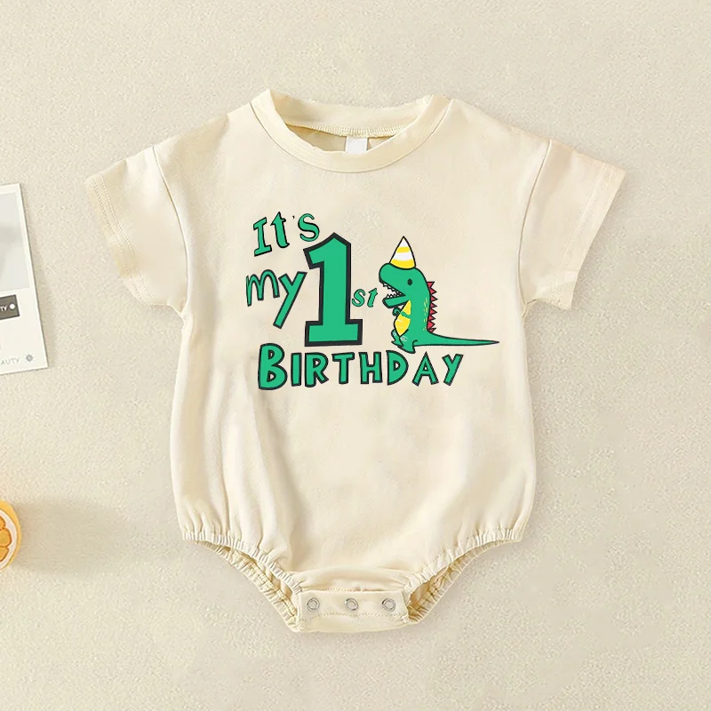 It\'s My First Birthday Print Baby Boy Bubble Romper Short Sleeve Oversized Bubble Bodysuit Birthday Party Infant Clothing