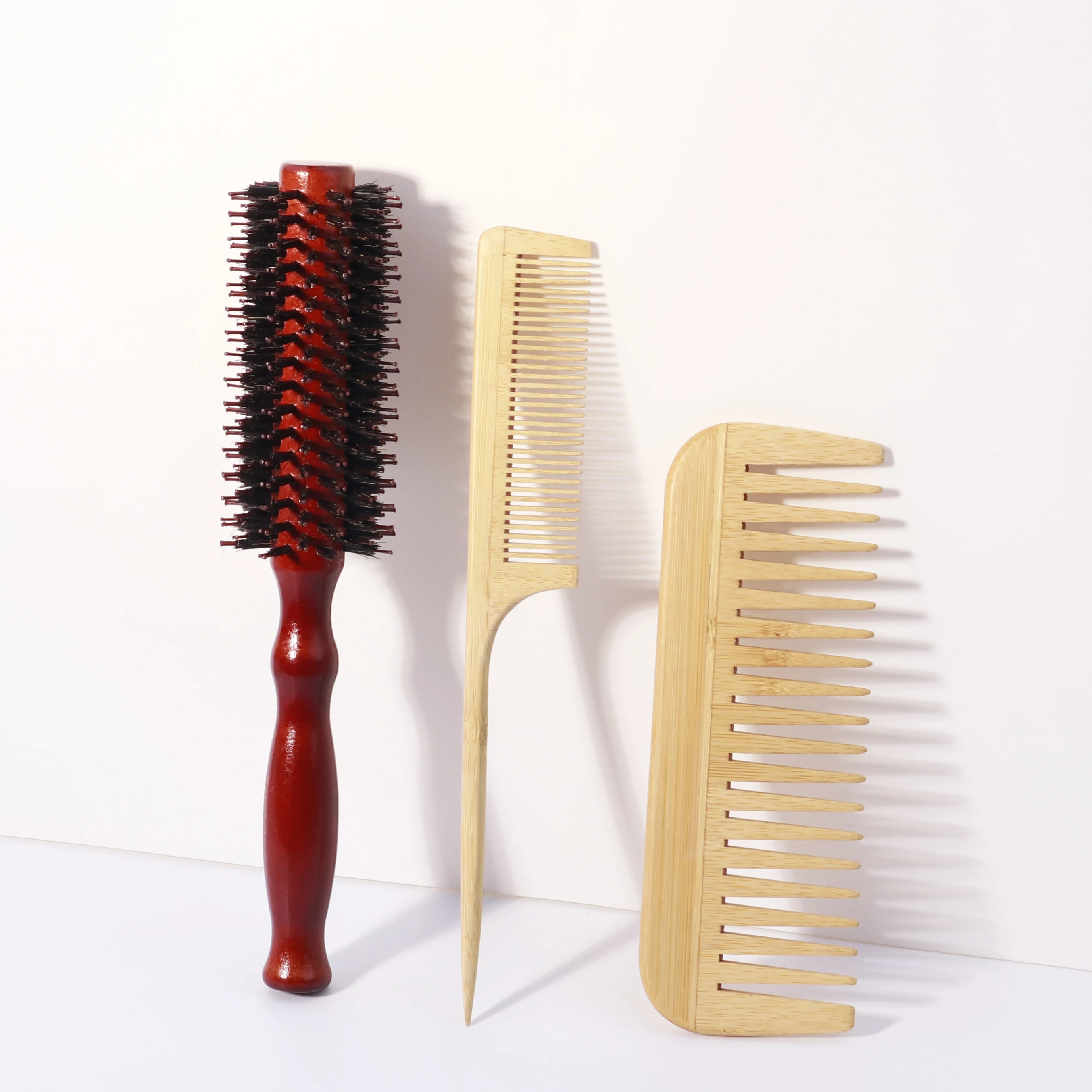 

Natural wooden hair brush set, cylindrical roller comb, pointed tail comb, wide toothed comb, special for real hair wigs