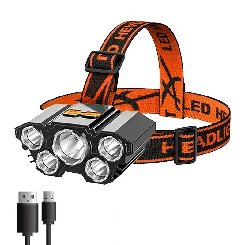 

5 LED Flashlight Rechargeable with Built in 18650 Battery Strong Light Camping Adventure Fishing Head Light Headlamp Flash light