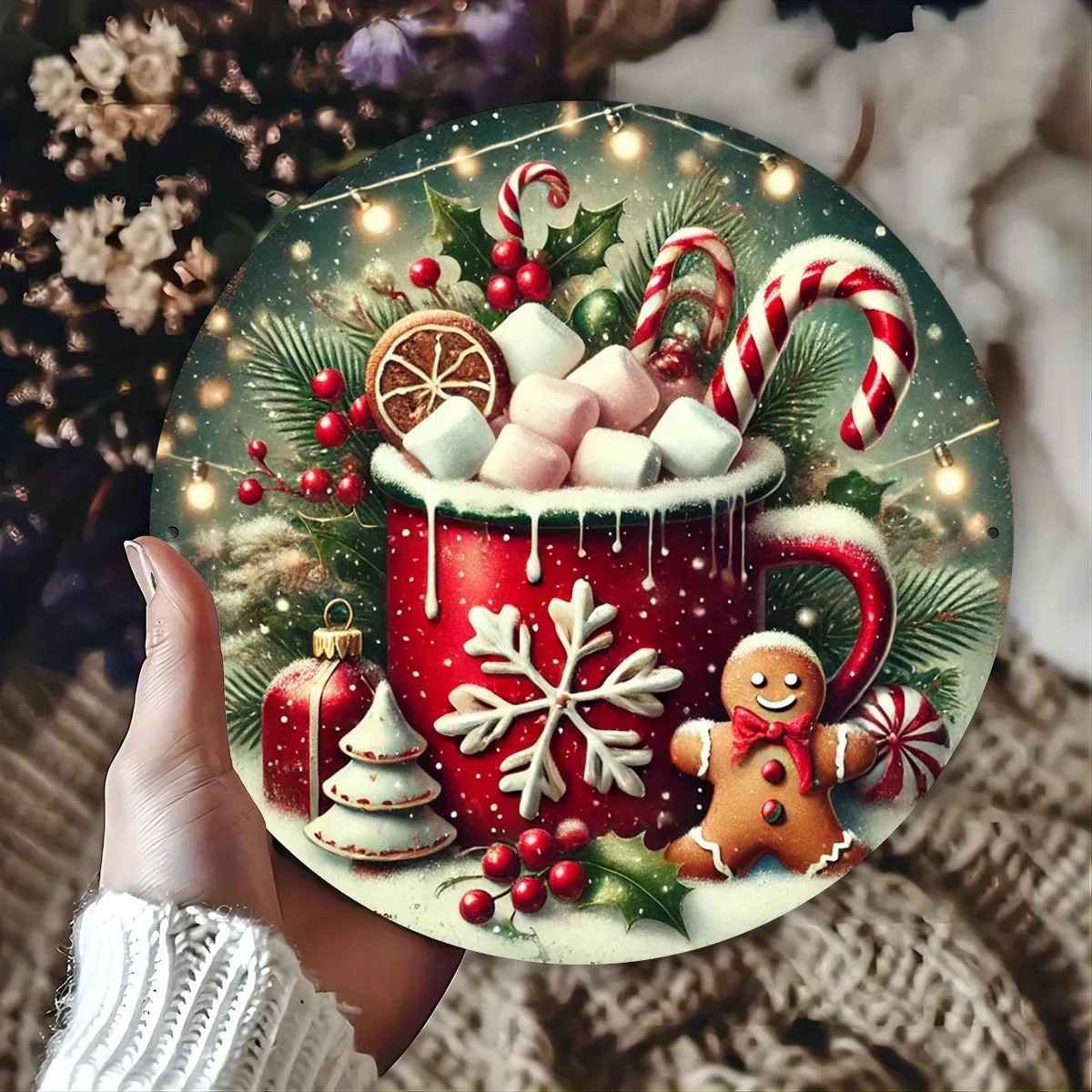 Cálido Navidad, pan de jengibre y chocolate caliente para las vacaciones: letrero de aluminio vintage, juego de una pieza, decoración de pared de metal para interior