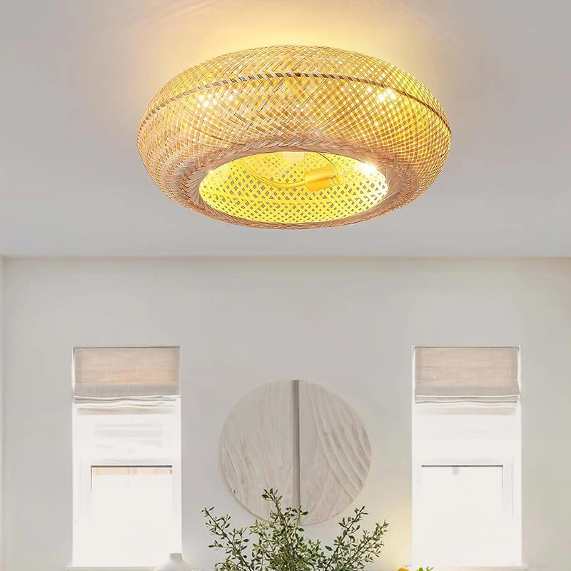 Bamboo Ceiling Fan Fans With Lights Remote Control Bedroom Decor Ventilator Lamp 50cm Air Invisible Blades Retractable Silent