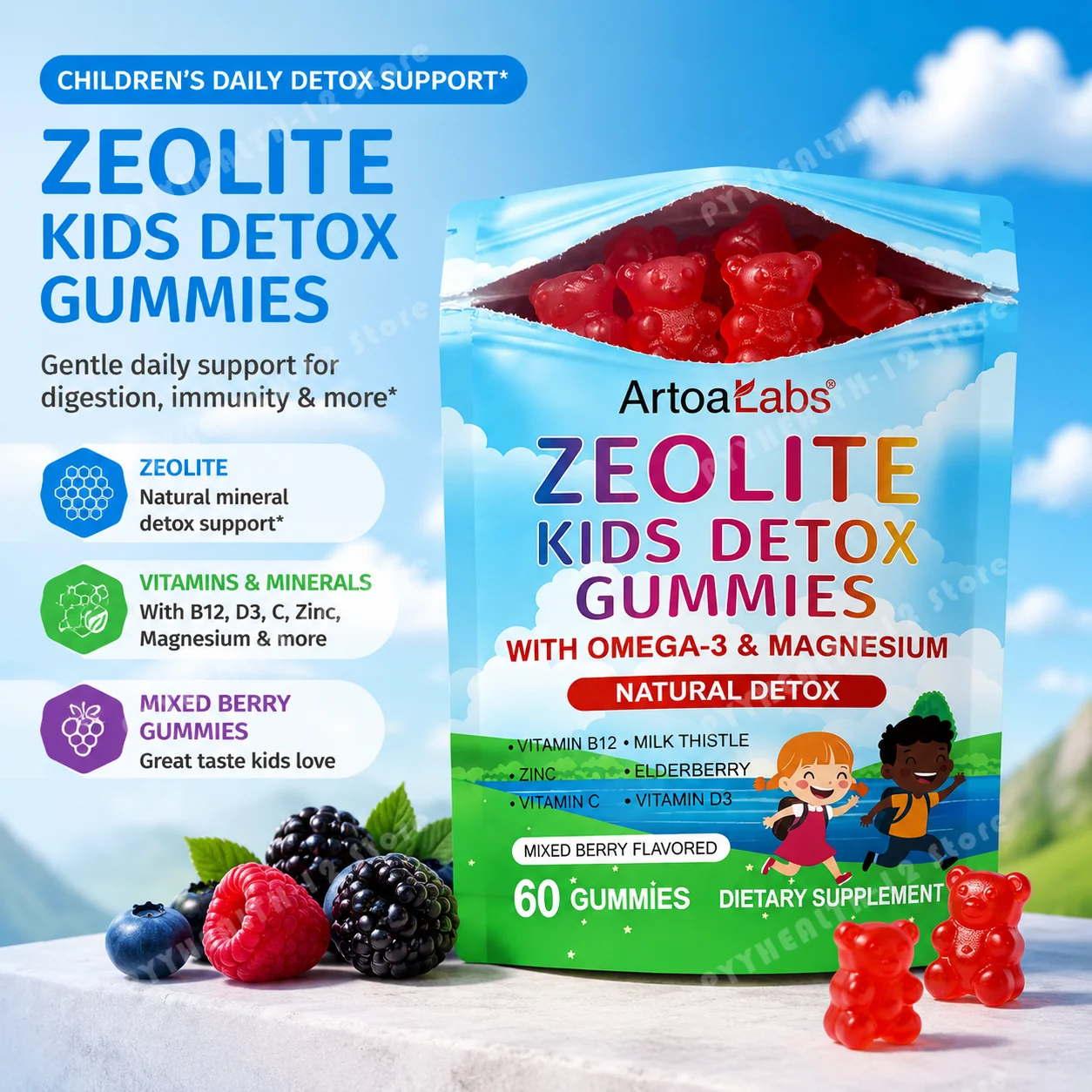 Zeolite Detox Gummies for Kids & Adults with Omega‑3 & Magnesium, Mixed Berry Chewable Supplement for Daily Detox, 60 Count