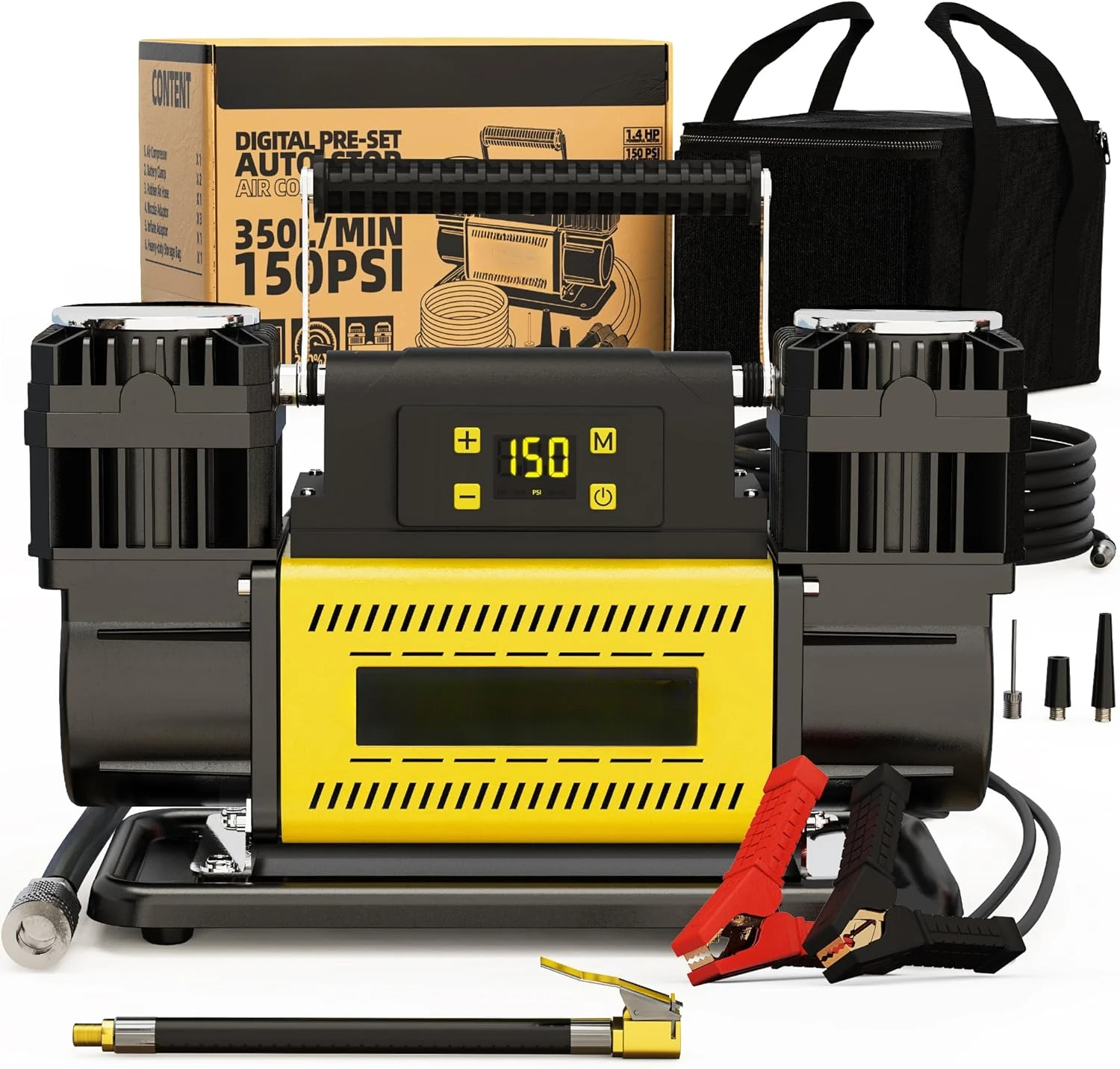 Compresor de aire digital de 12 V, inflador portátil todoterreno 12,3 CFM, bomba de aire máxima de 150 PSI para neumáticos de alta resistencia