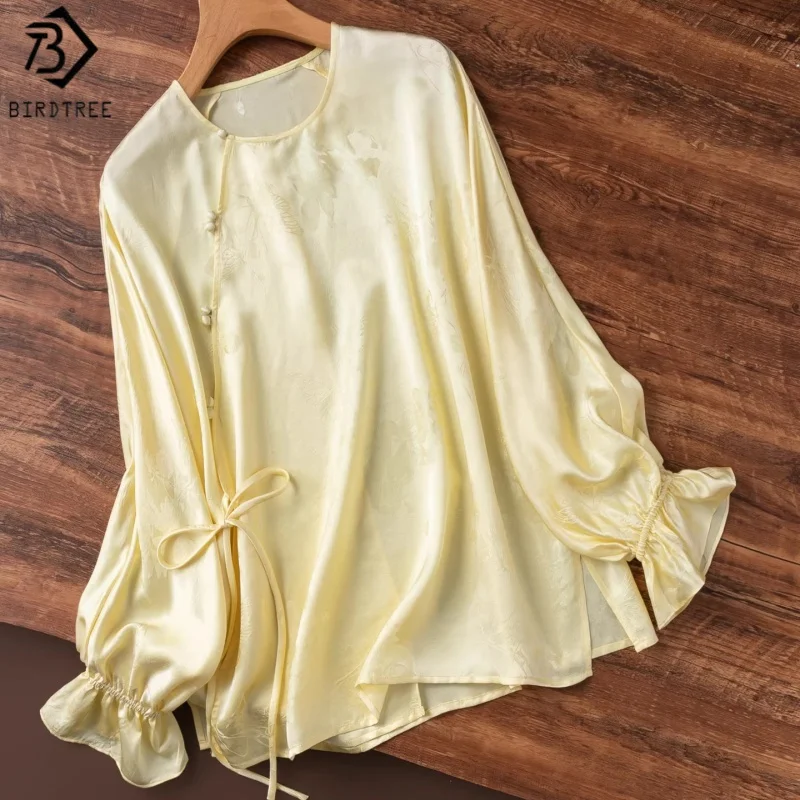 

Birdtree, 100% Silk Jacquard Blouse, Slanted Collar Lotus Sleeve Tops, Women Sangbo Satin Loose Shirt, 2026 Spring New T64320JF