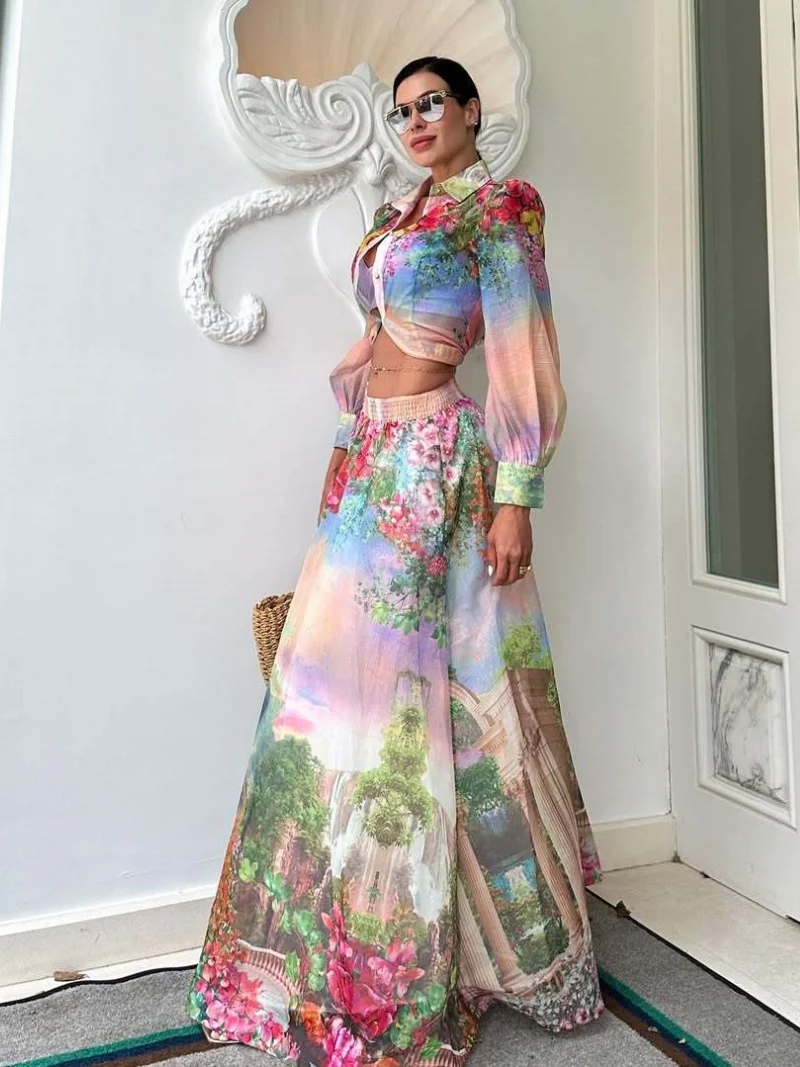 

Модный комплект из 2 предметов с цветочным принтом: женский костюм для весны 2026 года, рубашка с длинным рукавом и длинная юбка, деловой комплект для офиса