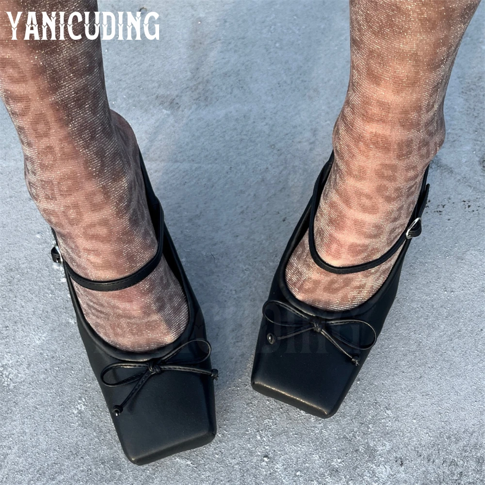 

Black Square-Toed Mules Metallic Spike Heel Pumps Front Strap Designer Novelty Style Slippers for Women Butterfly Knot Mules New