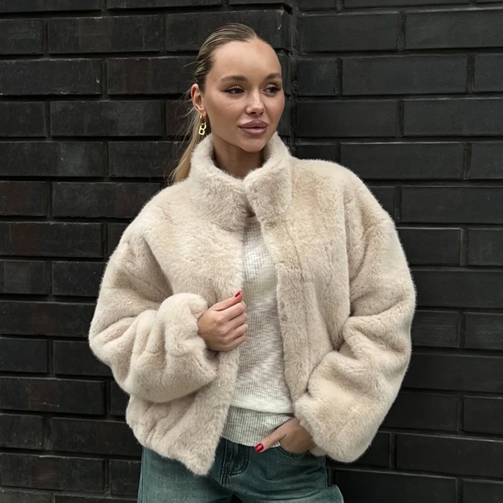 Plush Faux Fur Jacket Women's Zip Up Stand Collar Winter Daily Commute Campus Trendy Warm Soft New Cozy Lux Fad Hot Chic Coats