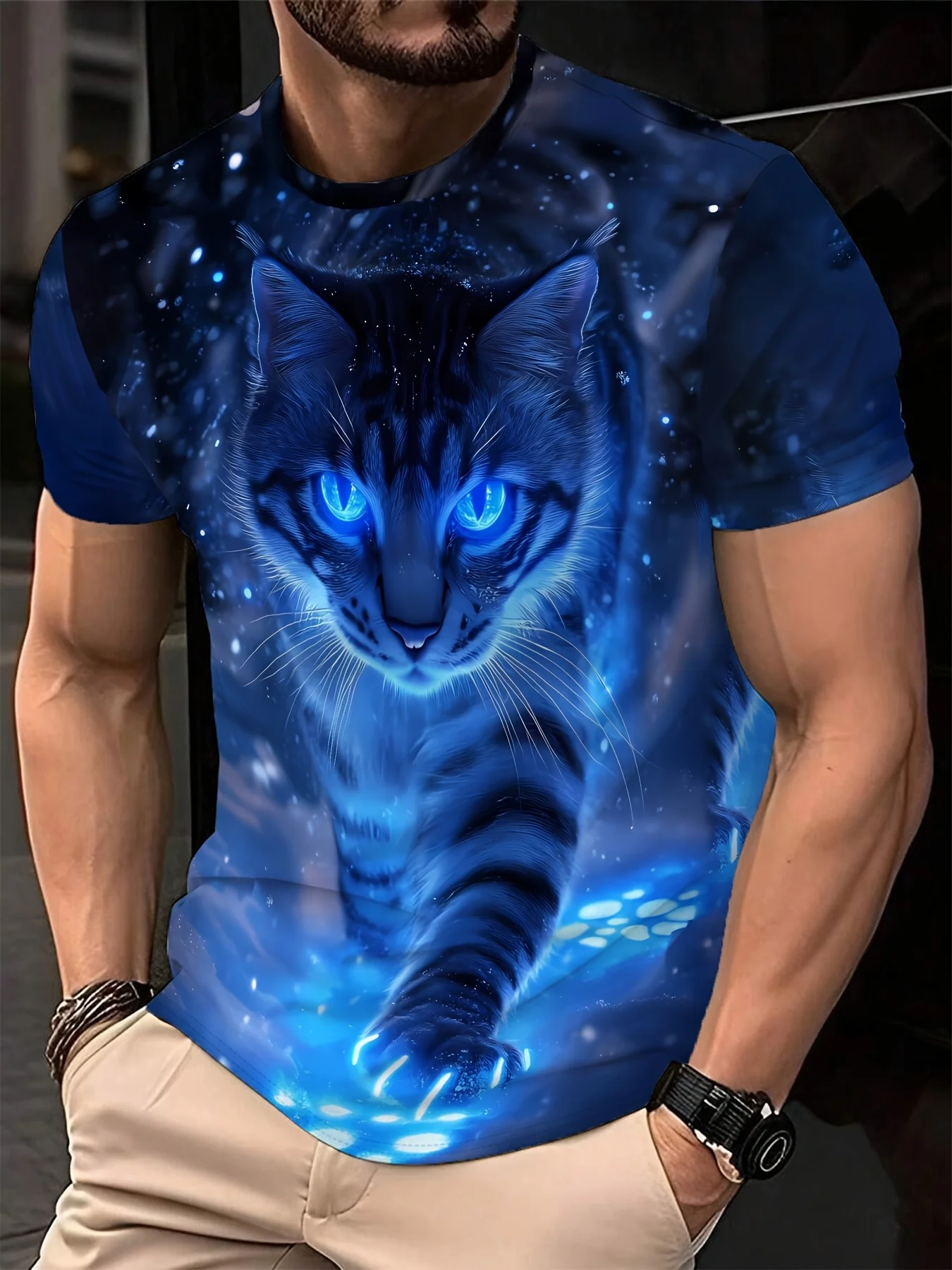 

Fashion Crew Neck T-Shirts, Cat Print, Retro Totem, Flame Cat Cute Patterns, Daily/Casual/Sports, Comfortable & Breathable