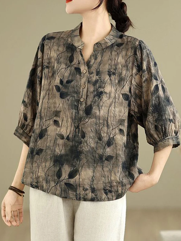 Retro Chinese Style Loose Floral Print Cotton Linen Shirt Women's Fashionable Spring Summer Top Breathable Comfortable Mom's ...