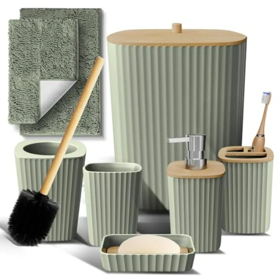 

Набор для ванной комнаты цвета шалфейной зелени для современных ванных комнат: коврики, щетка, мусорное ведро, дозатор для мыла, 6 предметов, из прочного материала