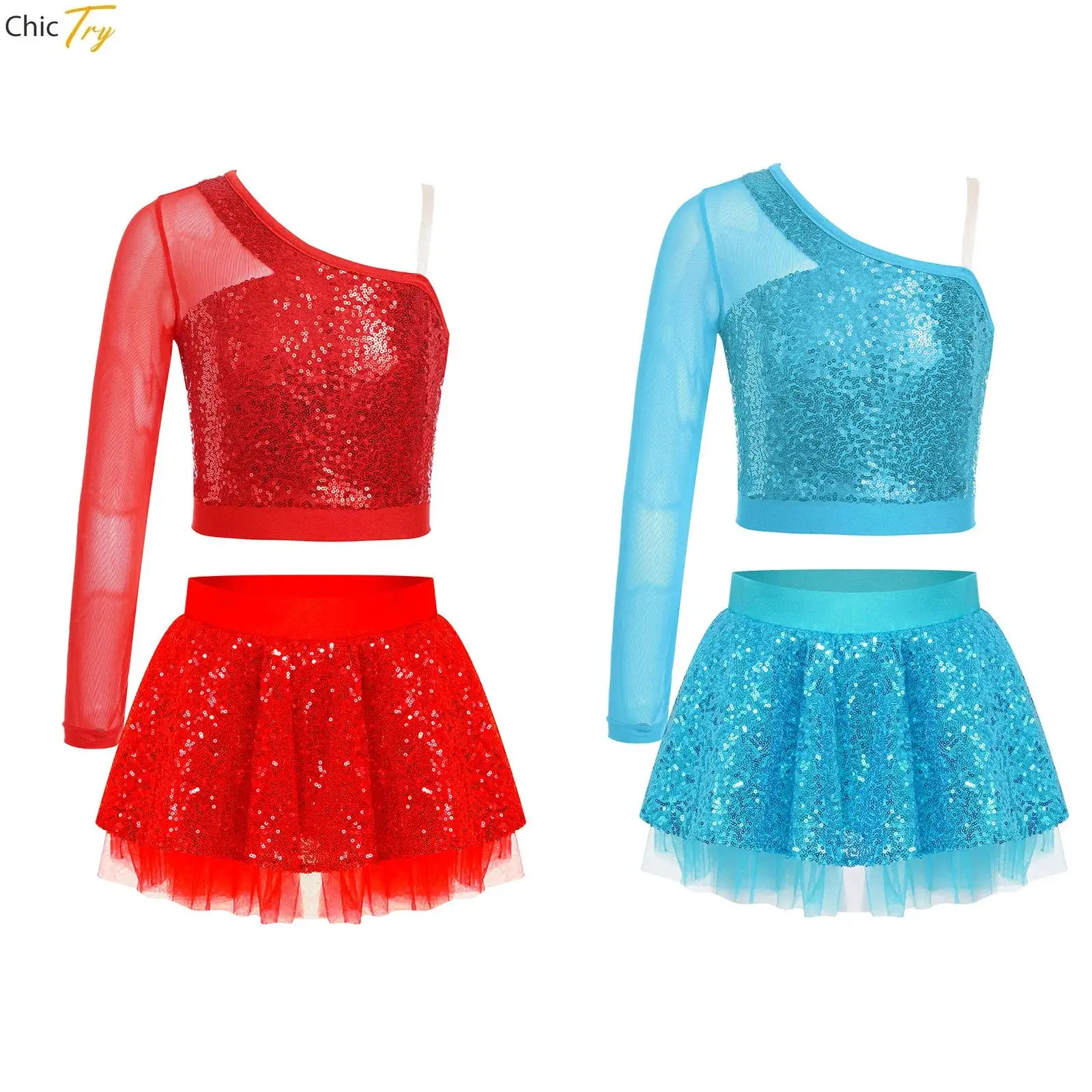 

Kid Girls Sequins Latin Jazz Dance Costume Outfits Sparkly Crop Top +Tutu Skirt Set School Party Dance Stage Performance Costume