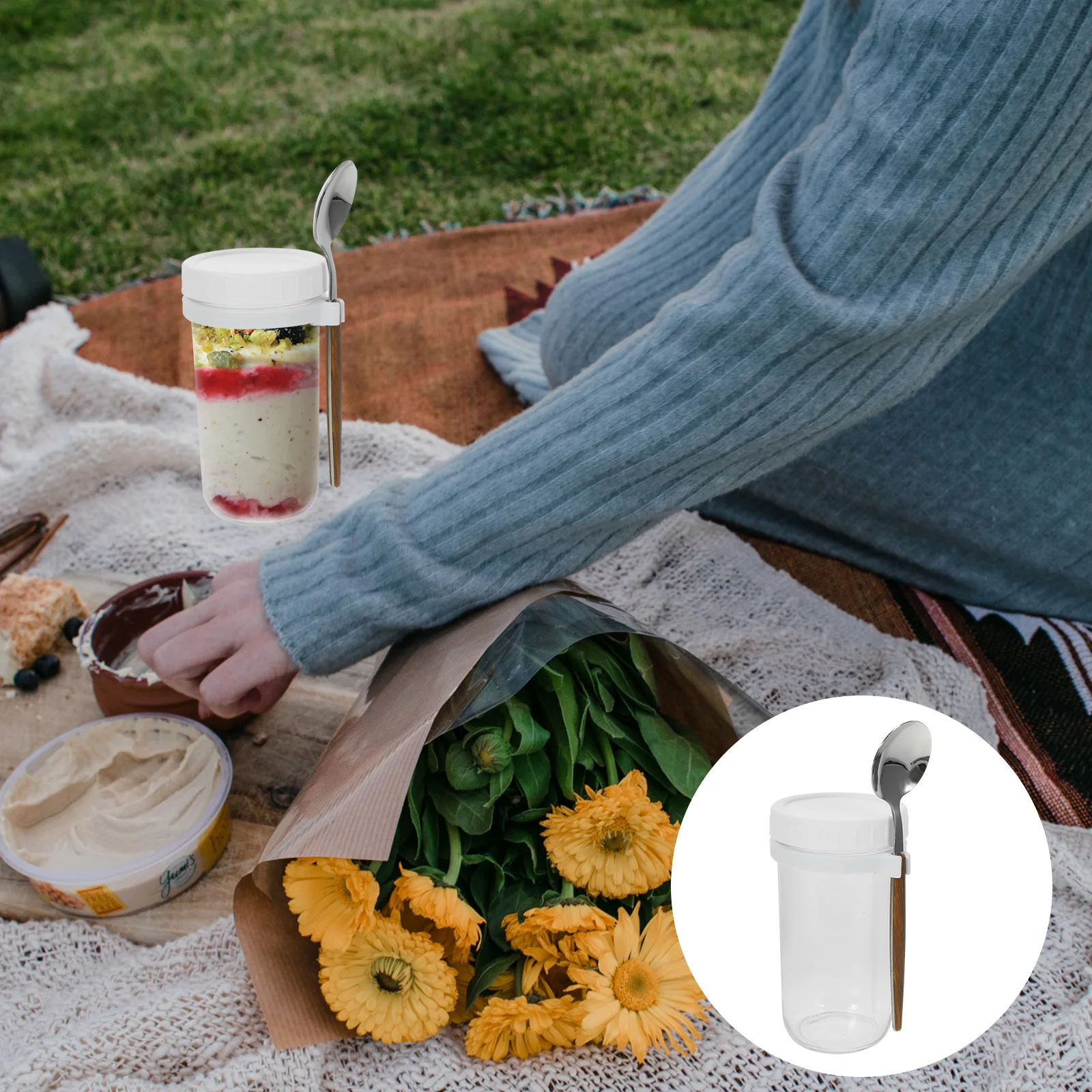 

2pcs Breakfast Cup Set Oatmeal Container Overnight Oats Jars Leakproof Portable Food Grade Mason Jar for Oats Overnight Oatmeal