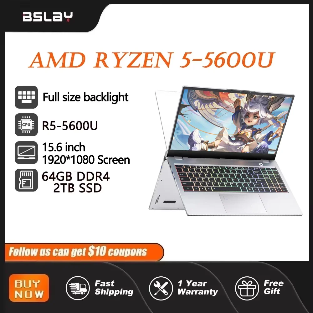 Gaming Laptop 15.6 Inch 64G+2T SSD AMD R5 5600U Windows 11 6 Cores 12 Threads HD Camera Fingerprint Unlock Portable Notebook