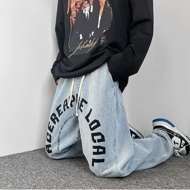 Jeans for Men Letter Black Male Cowboy Pants Aesthetic Straight Trousers with Print Cotton Denim Harajuku Korean Fashion Style