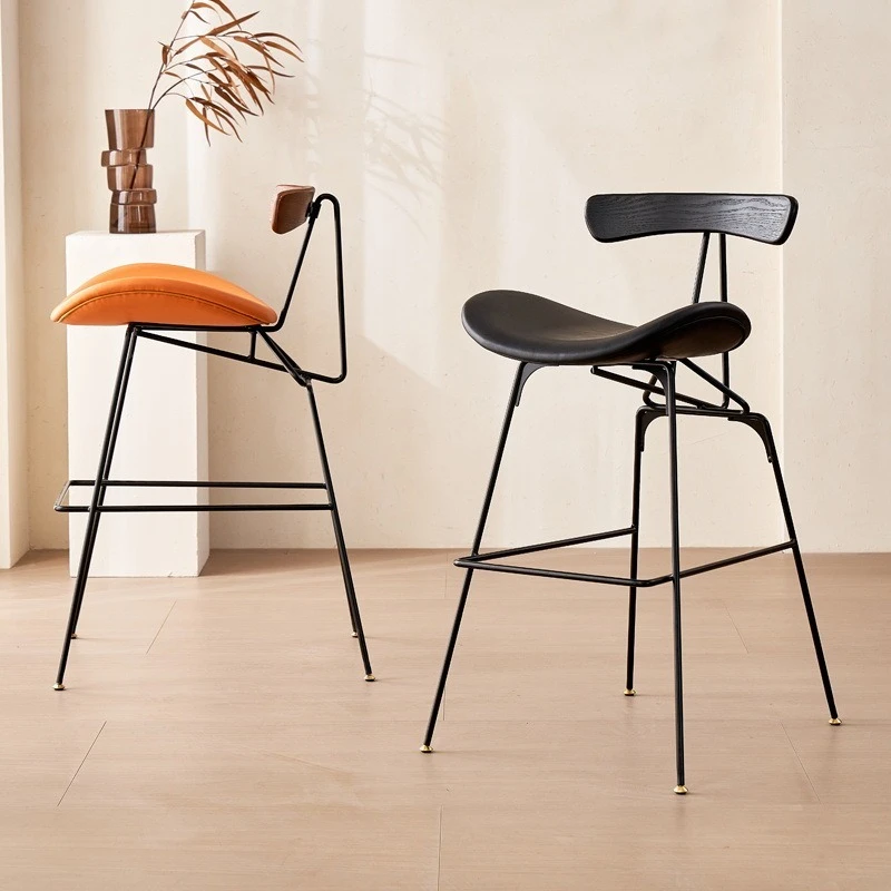 Light luxury bar chair wrought iron backrest bar chair cafe milk tea shop high stool