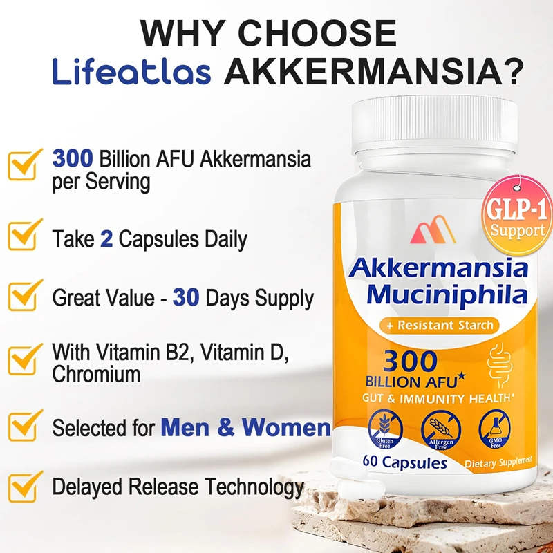 GLP-1 Probiotics | 300 Billion AFU Akkermansia, Suitable for GLP-1 Production, Digestion, Gut, Immunity, 60 Capsules