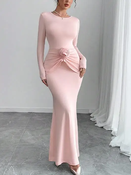 

Women's Dress 2026 Spring Fashion New Item Solid Color Waist Cinching 3D Rose Decoration Fake Two-Piece Design Hip Hugging Dress