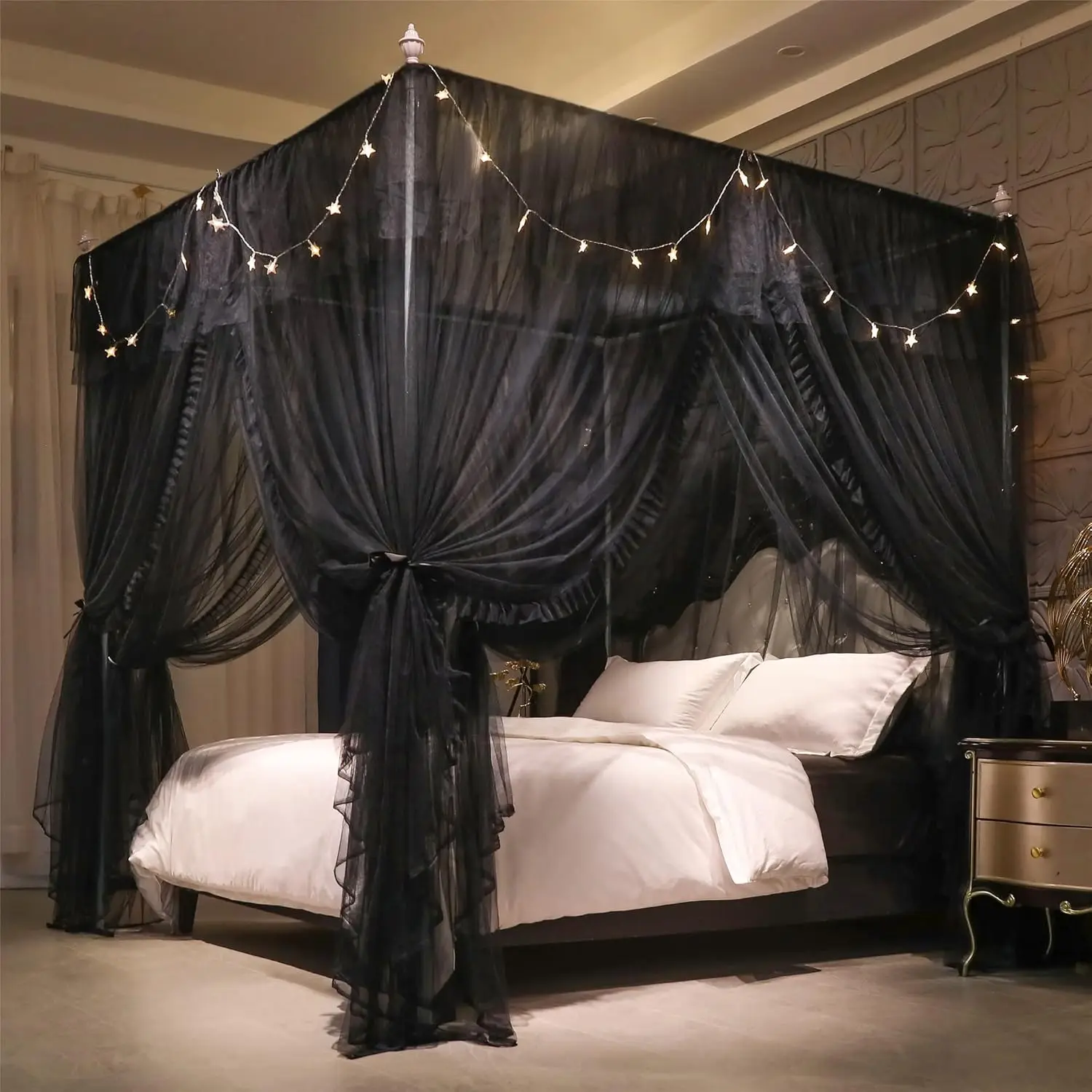 

4 Corners Princess Bed Canopy Curtain - Double Layer Ruffle Drape Netting, Mosquito Net for Girls Adults, Queen Size 64"x82"x82"H, Black
