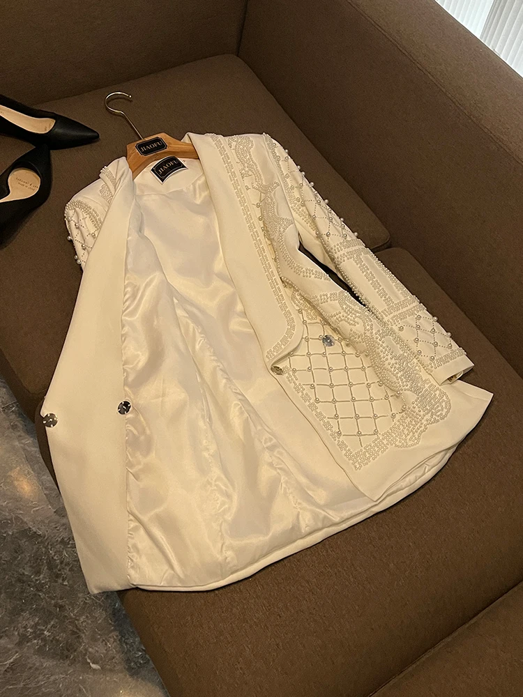 

Ele Slim Fit Pearl Embellied Women's Suit Jaet High-End Commute Sle Long Sve Mid-Length Pure Color K