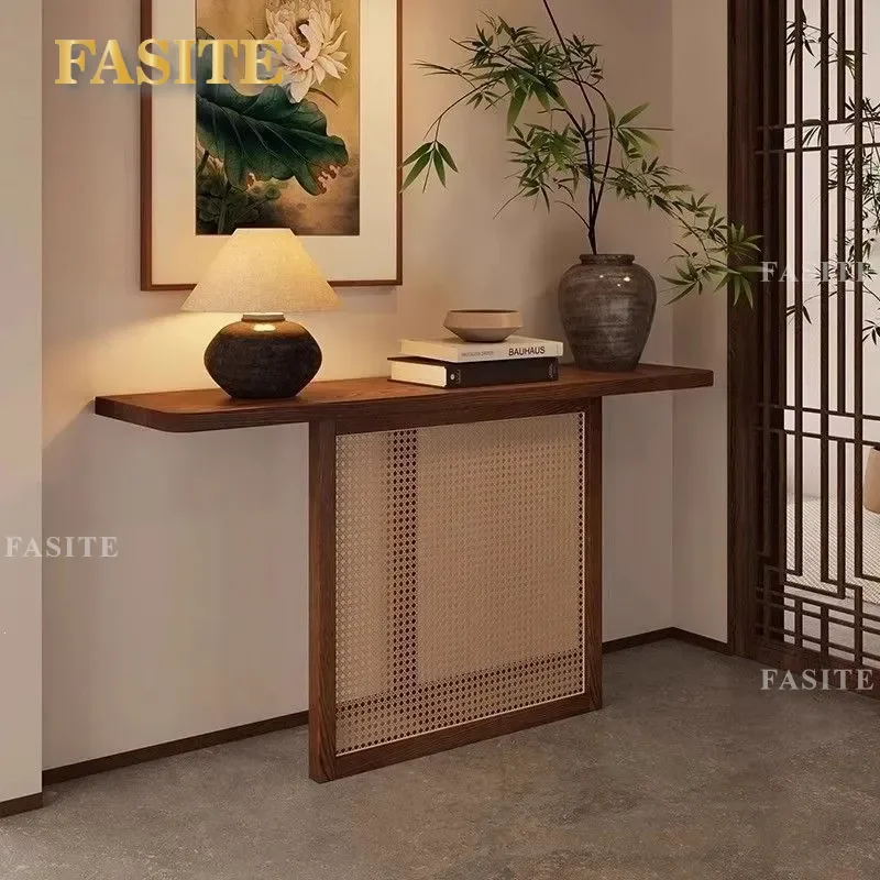 For Chinese Retro Style Antique Solid Wood Entryway Console Table Black Walnut Log Wall Mounted Desk for Hotel Corridor