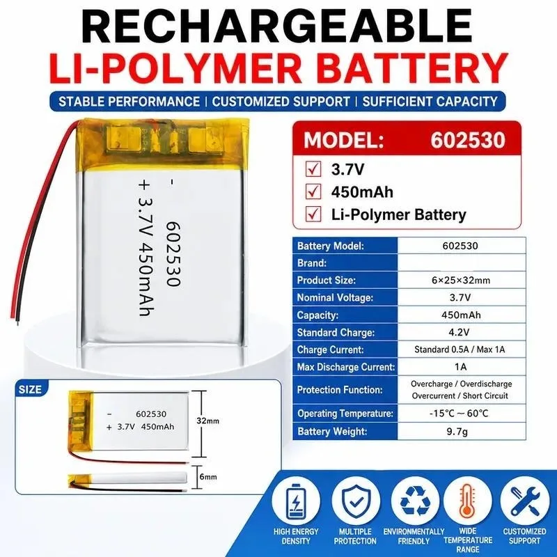602530 450mAh 3.7V Polymer Lithium Battery Rechargeable Li-ion Cell for New Energy Devices Compact Power Source Replacement