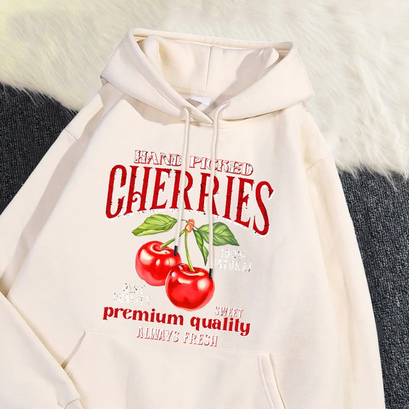 Casual Womans Hoodies Hand Picked Cherries Printing Sweatshirt Soft Breathable Loose Pocket Pullover Autumn Winter Streetwear