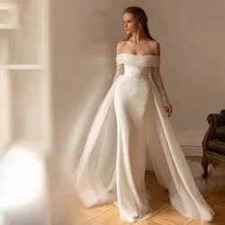 Trouwjurk Glänzende Mermaid Hochzeit Kleid Lange Hülse mit Abnehmbaren Zug Robe Mariage Pailletten Perlen Luxus Vestidos De Novia