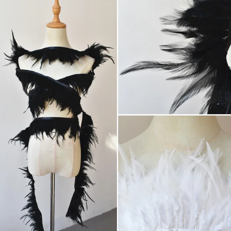 

Black and White Chicken Feathers Tassel Lace Accessories Handmade DIY Wedding Dress Decoration Creative Design Fabric