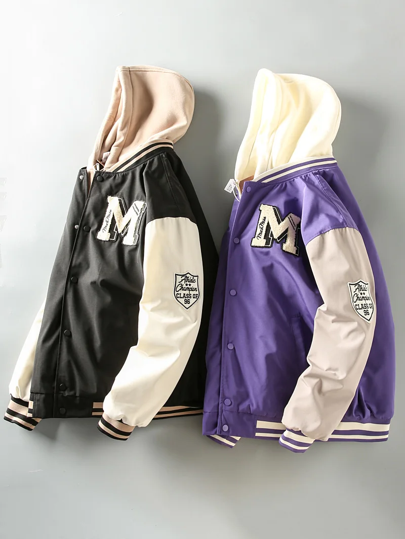 

Мужская утепленная бейсбольная куртка-бомбер с капюшоном, хлопковая, с вышивкой и пэчворком, для осени и зимы