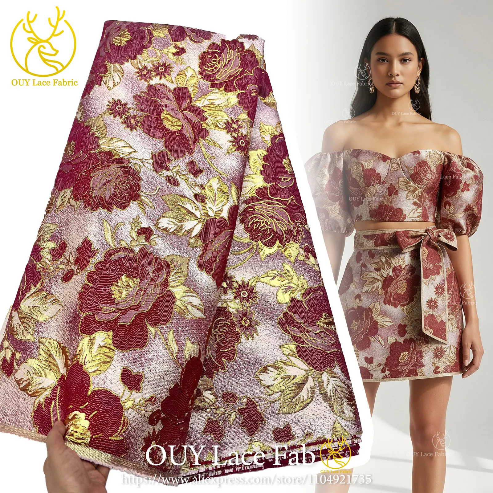 Großhandel afrikanischer Jacquard-Spitzenstoff 2026 Hochwertiger nigerianischer Spitzenstoff Damen-Partykleid-Nähmaterial 5 Yards – Detail 4
