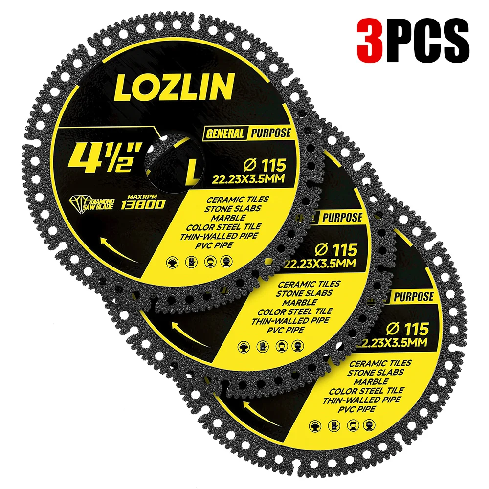 LOZLIN 4.5Inch Multi Material Diamond Cutting Blade 115mm Angle Grinder Saw Blade for Wood Metal Plastic Tile Stone Marble Ceramic Alloy Cast Iron TCT Carbide Circular Cutting Disc Multifunctional Saw Blade for DIY Woodworking Construction