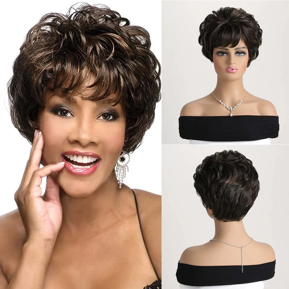 Synthetic Short Black Brown Wig Pixie Cut Curly Wigs With Bangs For Women Daily Party Heat Resistant Fake Hair