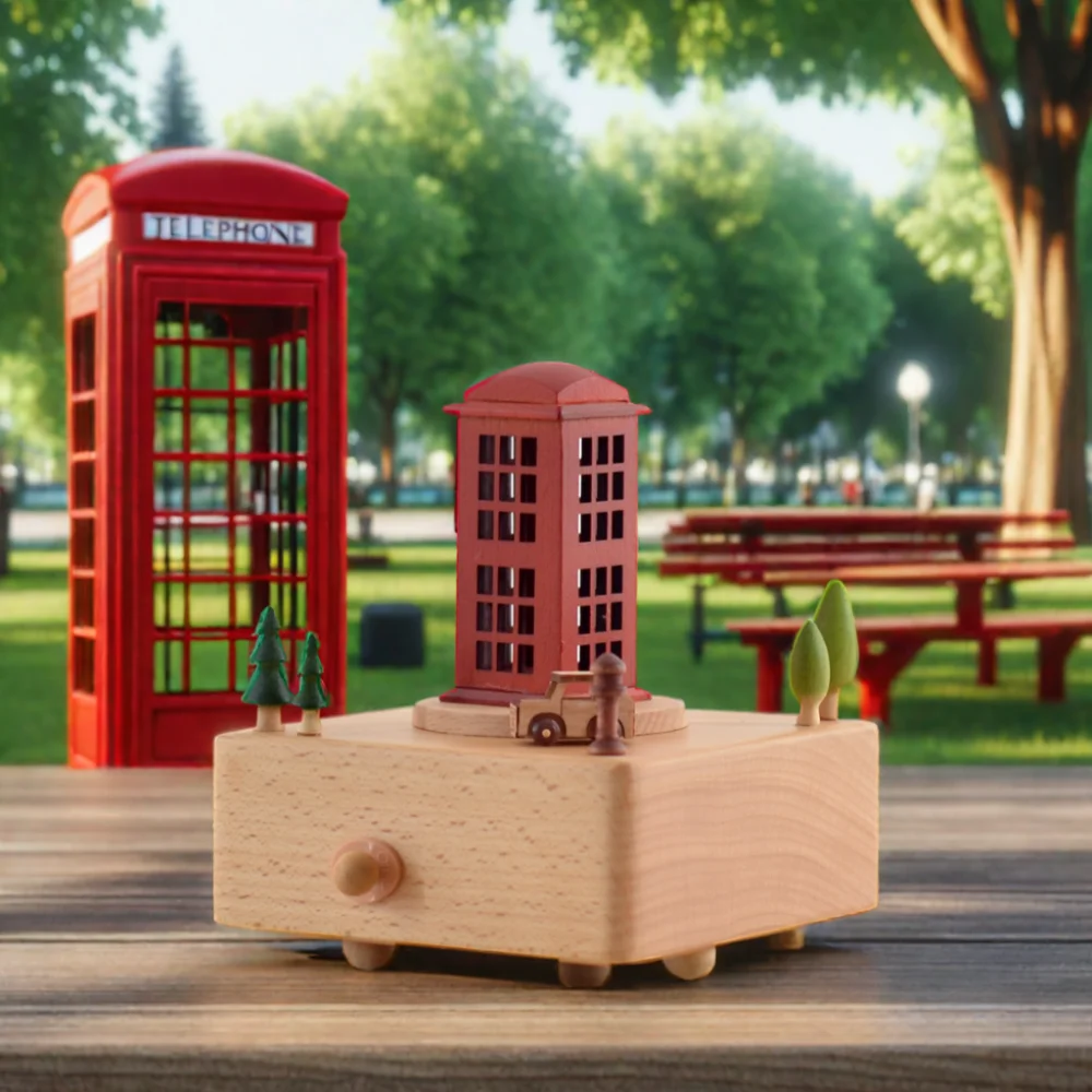 

Custom Logo Engraving 11cm Wooden Music Box Clockwork Mechanical House Decor With Music