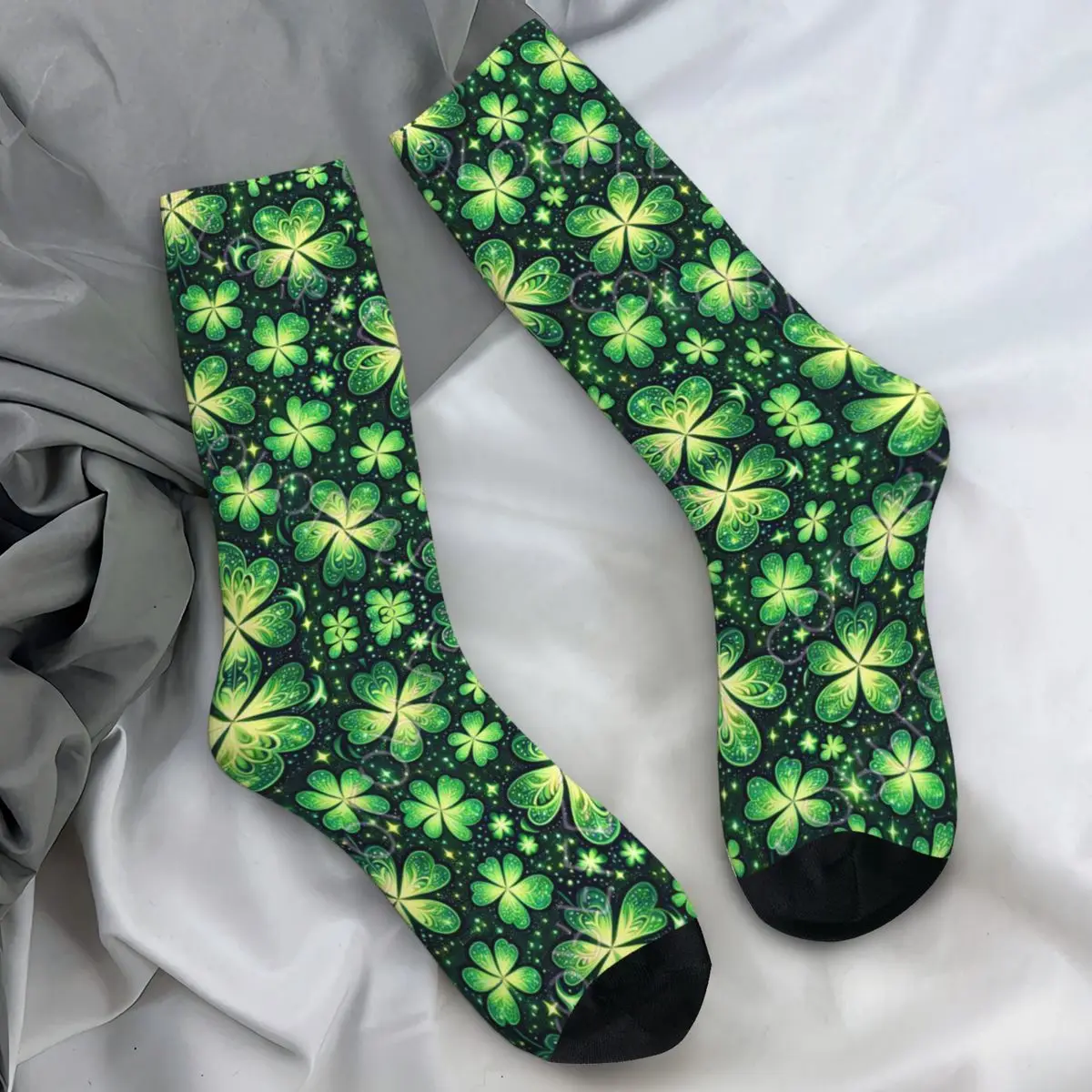 St. Patrick's Day Socks Green Four Leaf Clover Vintage Stockings Couple Medium Soft Running Socks Winter Printed Anti-Slip Socks