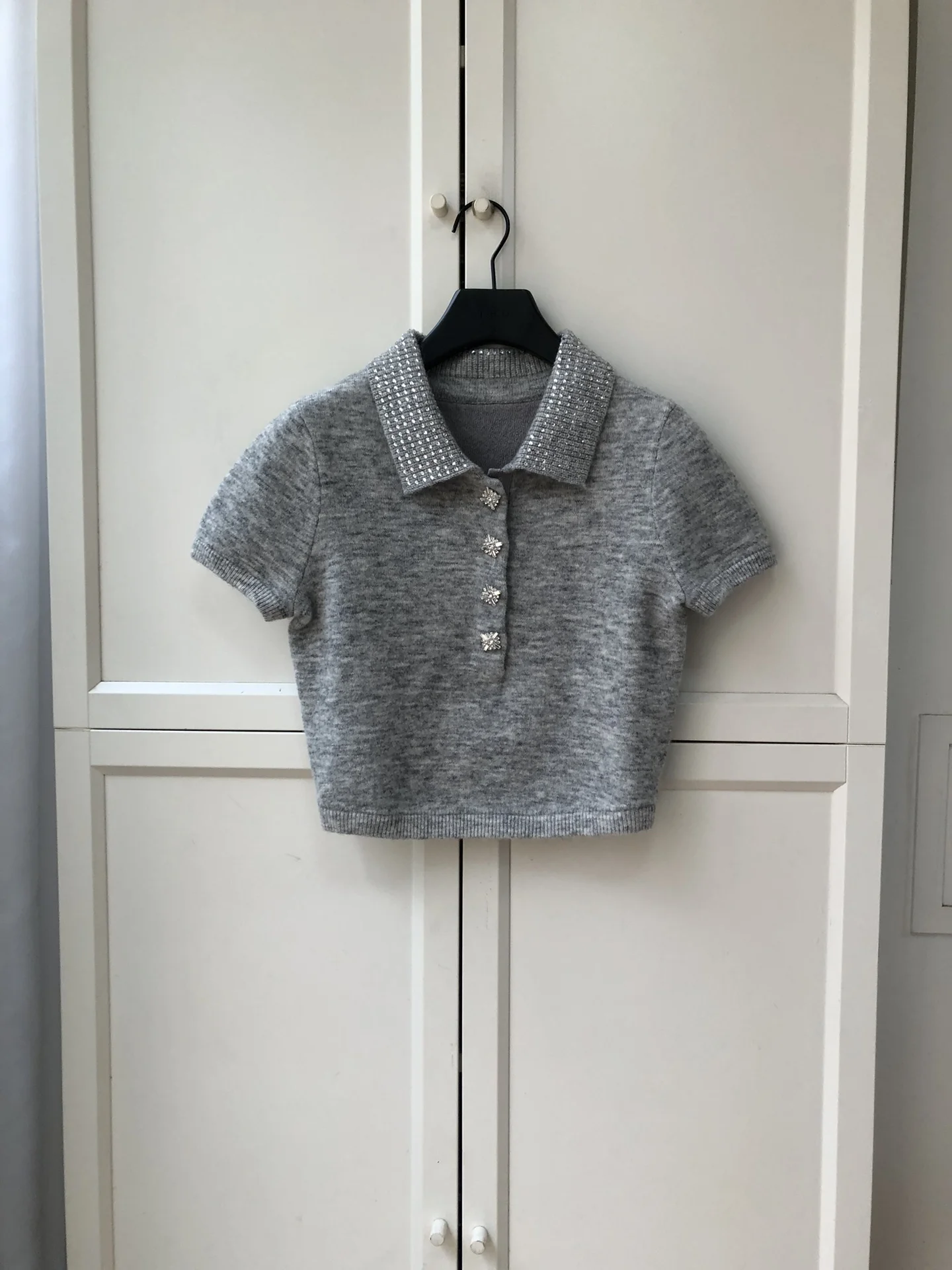 2024 Autumn New High Quality Women's Clothing Grey full diamond lapel polo knit top 0907