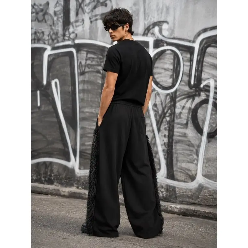 Men's Plush Decorative Letter Printed Casual Pants 90s Wide Legs Sweatpants Street Boys Bottom Male High Waist Unisex Trousers