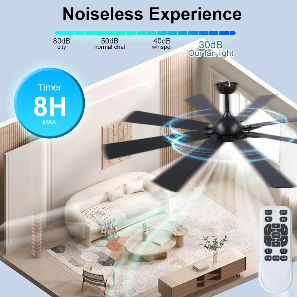 72inch Large Ceiling Fan with Light and Remote, Indoor/Outdoor Black Fan Lights for Patios, Led Living Room Modern Ceiling Fan