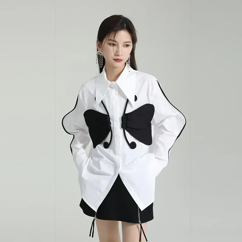 

Chic Blouse for Women 2023 New Fashion 3D Butterfly Single Breasted Loose Shirt Elegant OL Contrast Color Black White Tops