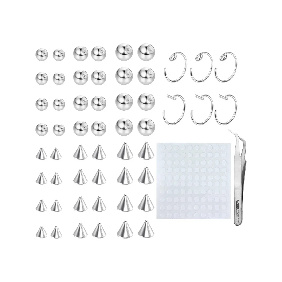 Set de Tachuelas Falsas para Cejas y Labios Sin Perforación, Plateadas, Tamaños 3/4/5mm, Incluye 100 Parches Adhesivos