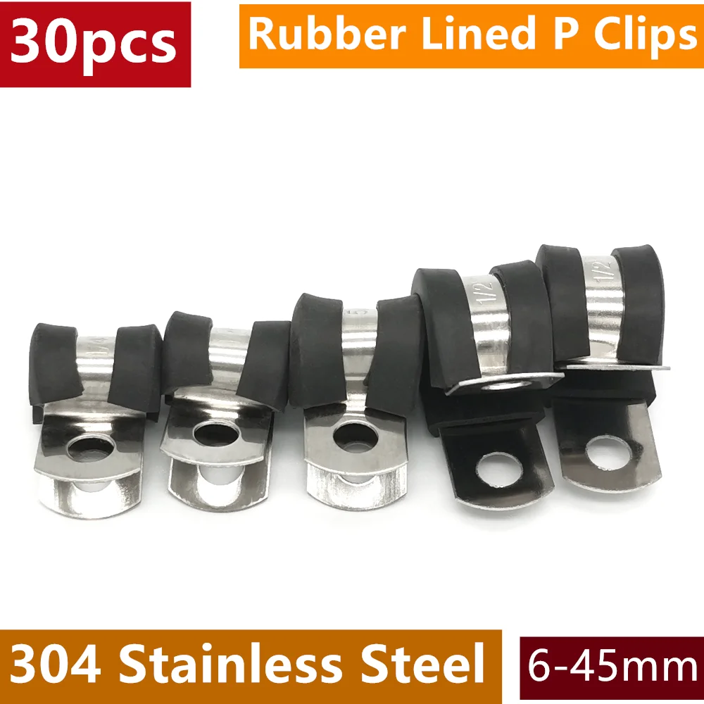 30 peças clipes p forrados de borracha 6-45mm 304 suporte de aço inoxidável braçadeira tubo fixadores de montagem na parede para fios clipe de braçadeira de cabo