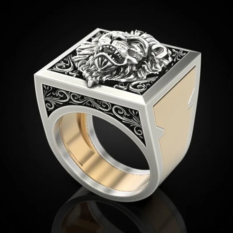 Retro Creative Fashion Lion King Two-piece Ring Set Men Single Ring Vintage Style Geometric Design Unisex Jewelry