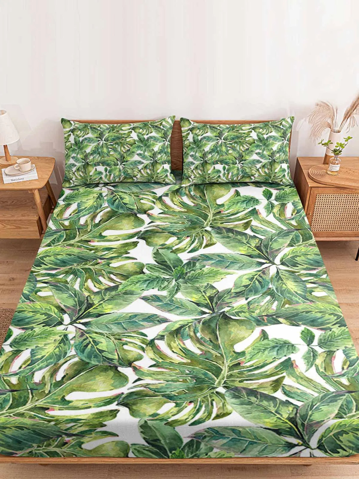 

Tropical Palm Leaf Polyester Fitted Sheet Mattress Cover Four Corners Elastic Band Bed Sheet Pilllowcase